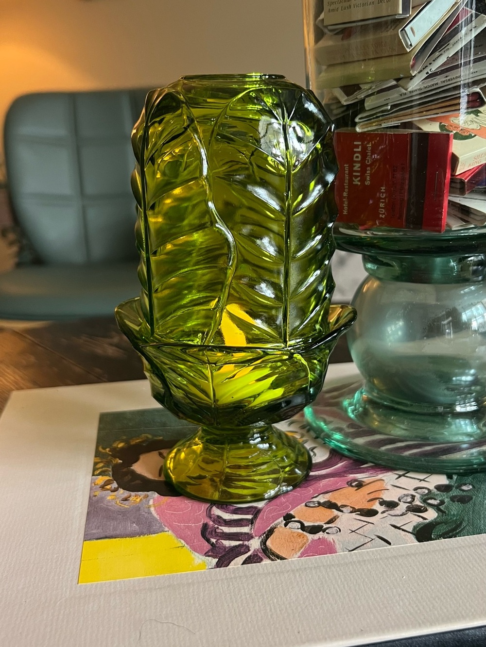 Viking Fairy Lamp cabbage leaf vintage green MCM 2 piece candle holder glass